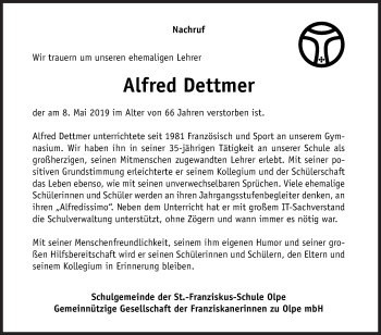 Traueranzeige von Alfred Dettmer von Siegener Zeitung