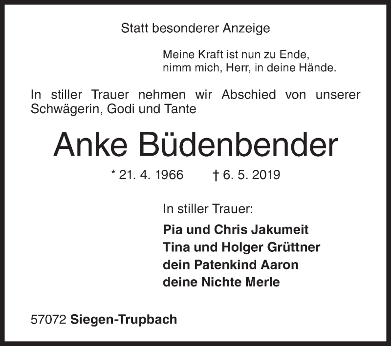  Traueranzeige für Anke Büdenbender vom 08.05.2019 aus Siegener Zeitung