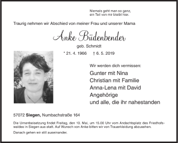 Traueranzeige von Anke Büdenbender von Siegener Zeitung