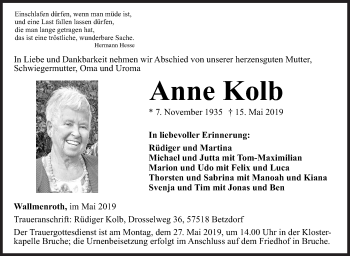 Traueranzeige von Anne Kolb von Siegener Zeitung