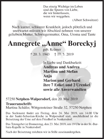 Traueranzeige von Annegrete Boreckyj von Siegener Zeitung