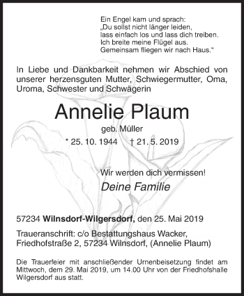 Traueranzeige von Annelie Plaum von Siegener Zeitung