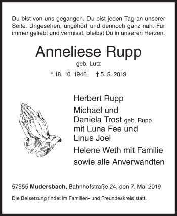 Traueranzeige von Anneliese Rupp von Siegener Zeitung