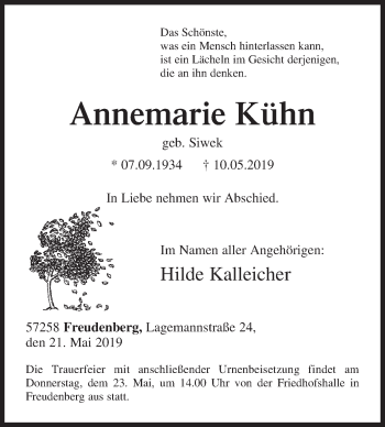 Traueranzeige von Annemarie Kühn von Siegener Zeitung