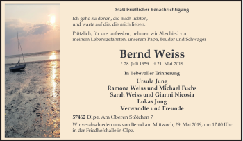 Traueranzeige von Bernd Weiss von Siegener Zeitung