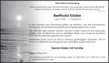 Traueranzeige von Berthold Köster von Siegener Zeitung