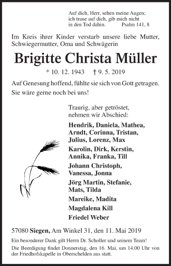Traueranzeige von Brigitte Christa Müller von Siegener Zeitung