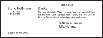 Traueranzeige von Bruno Hoffmann von Siegener Zeitung