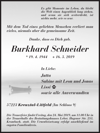 Traueranzeige von Burkhard Schneider von Siegener Zeitung