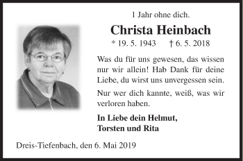 Traueranzeige von Christa Heinbach von Siegener Zeitung