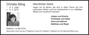 Traueranzeige von Christa Sting von Siegener Zeitung