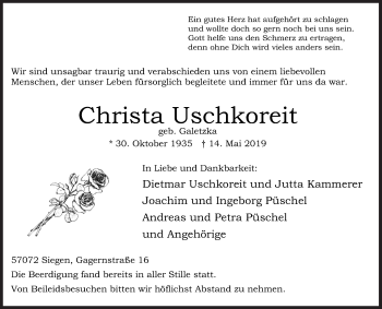 Traueranzeige von Christa Uschkoreit von Siegener Zeitung