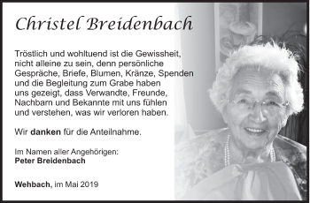 Traueranzeige von Christel Breidenbach von Siegener Zeitung