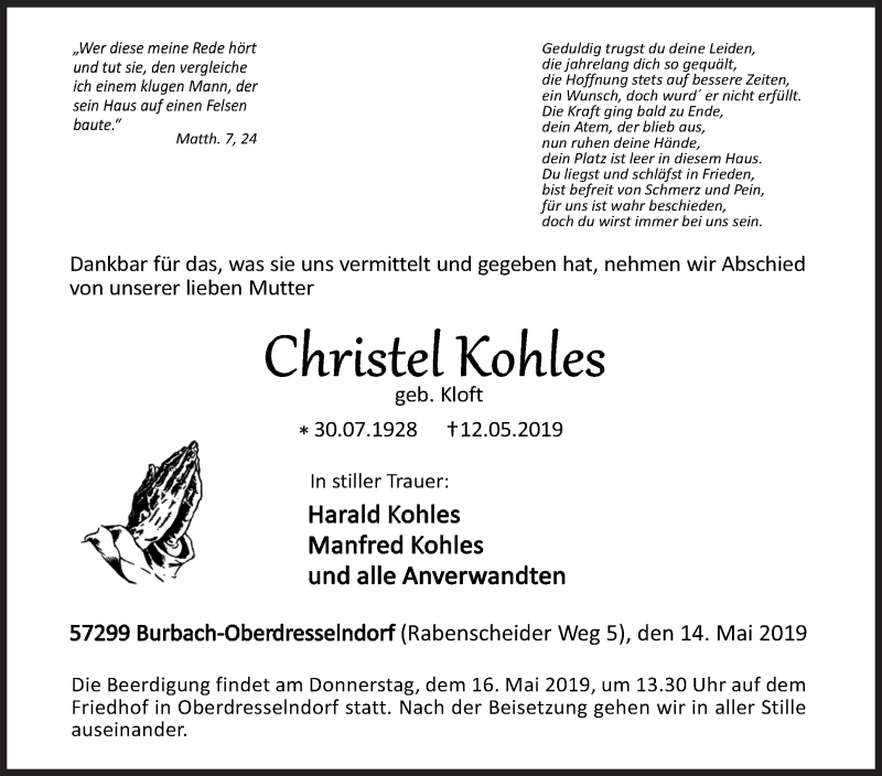  Traueranzeige für Christel Kohles vom 14.05.2019 aus Siegener Zeitung