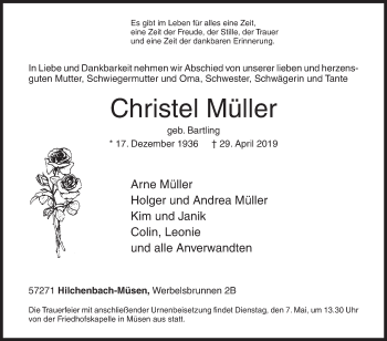 Traueranzeige von Christel Müller von Siegener Zeitung