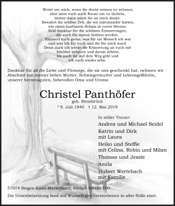 Traueranzeige von Christel Panthöfer von Siegener Zeitung