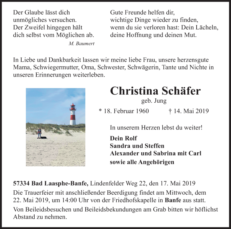  Traueranzeige für Christina Schäfer vom 17.05.2019 aus Siegener Zeitung