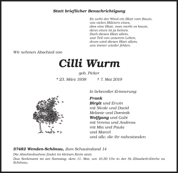 Traueranzeige von Cilli Wurm von Siegener Zeitung