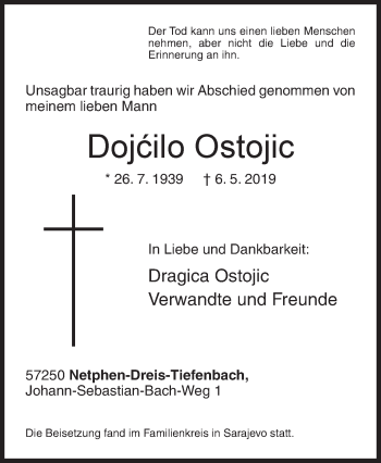 Traueranzeige von Dojcilo Ostojic von Siegener Zeitung