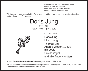 Traueranzeige von Doris Jung von Siegener Zeitung