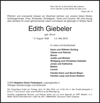 Traueranzeige von Edith Giebeler von Siegener Zeitung