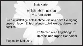 Traueranzeige von Edith Schneider von Siegener Zeitung