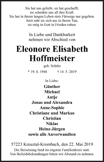 Traueranzeige von Eleonore Elisabeth Hoffmeister von Siegener Zeitung