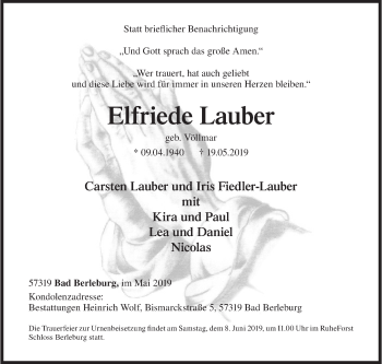Traueranzeige von Elfriede Lauber von Siegener Zeitung