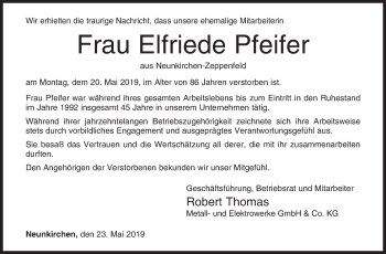 Traueranzeige von Elfriede Pfeifer von Siegener Zeitung