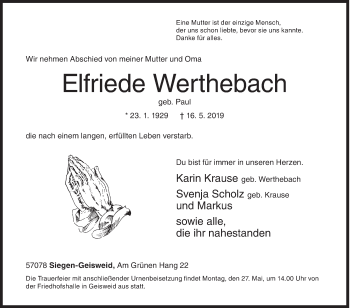 Traueranzeige von Elfriede Werthebach von Siegener Zeitung