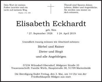 Traueranzeige von Elisabeth Eckhardt von Siegener Zeitung