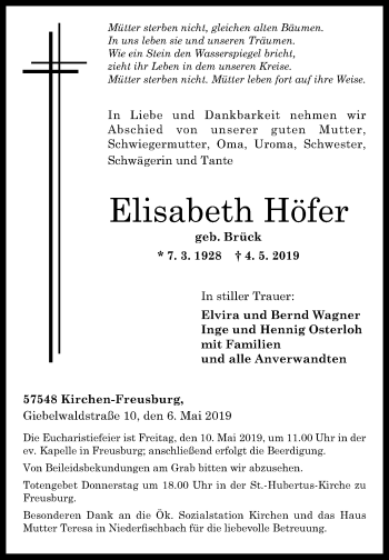Traueranzeige von Elisabeth Höfer von Siegener Zeitung