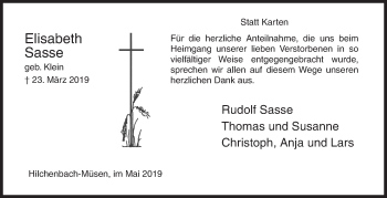 Traueranzeige von Elisabeth Sasse von Siegener Zeitung