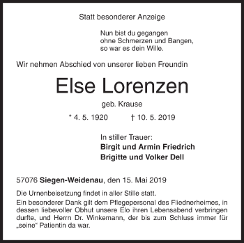 Traueranzeige von Else Lorenzen von Siegener Zeitung