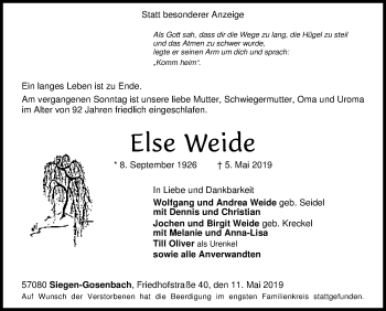 Traueranzeige von Else Weide von Siegener Zeitung