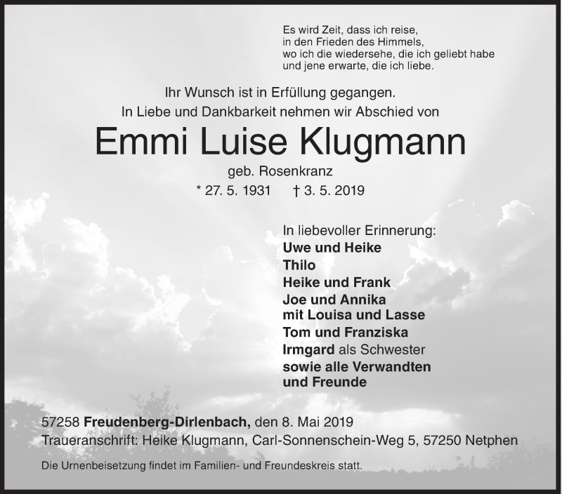  Traueranzeige für Emmi Luise Klugmann vom 08.05.2019 aus Siegener Zeitung