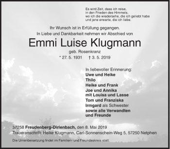 Traueranzeige von Emmi Luise Klugmann von Siegener Zeitung