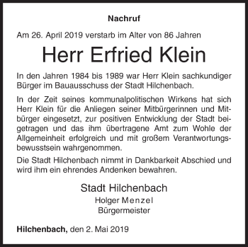 Traueranzeige von Erfried Klein von Siegener Zeitung