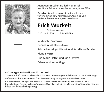 Traueranzeige von Erich Wuckelt von Siegener Zeitung