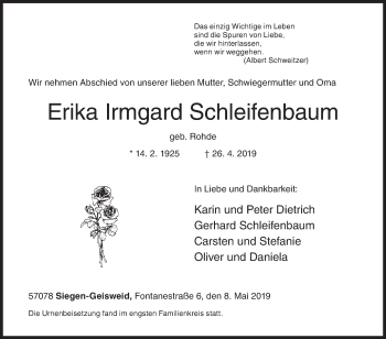 Traueranzeige von Erika Irmgard Schleifenbaum von Siegener Zeitung