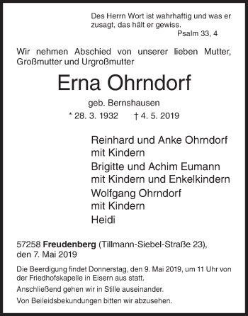 Traueranzeige von Erna Ohrndorf von Siegener Zeitung