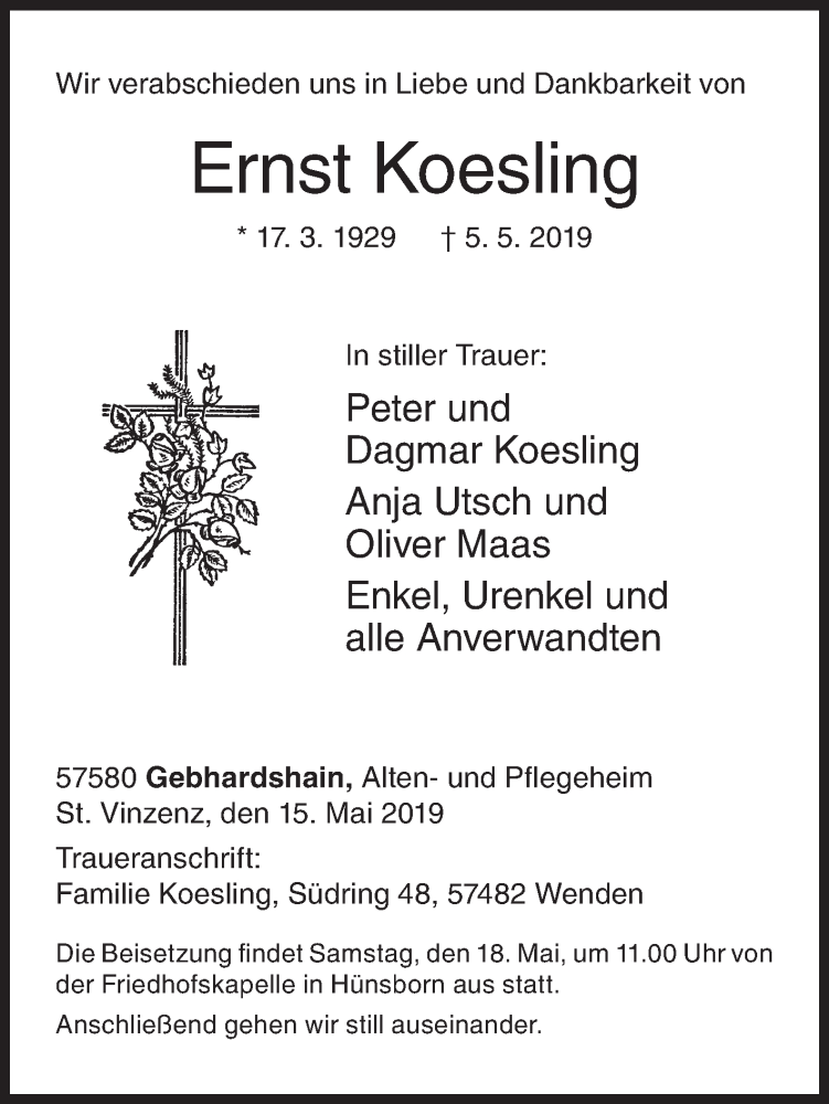  Traueranzeige für Ernst Koesling vom 15.05.2019 aus Siegener Zeitung