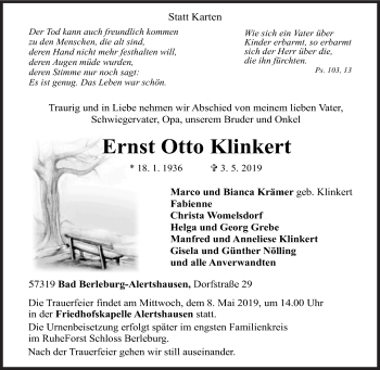 Traueranzeige von Ernst Otto Klinkert von Siegener Zeitung