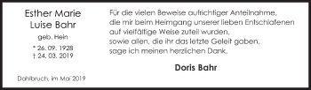 Traueranzeige von Esther Marie Luise Bahr von Siegener Zeitung