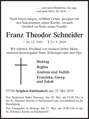 Traueranzeige von Franz Theodor Schneider von Siegener Zeitung
