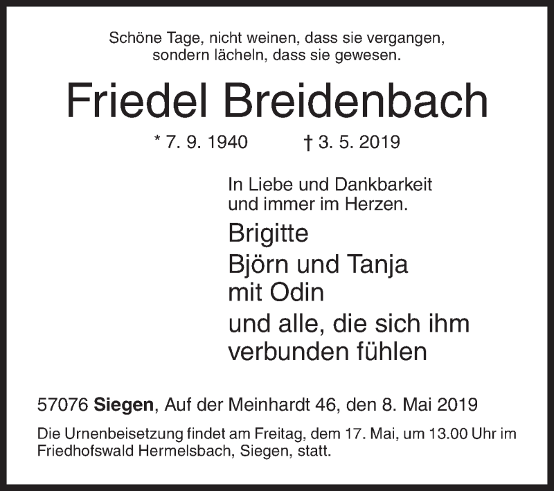  Traueranzeige für Friedel Breidenbach vom 08.05.2019 aus Siegener Zeitung