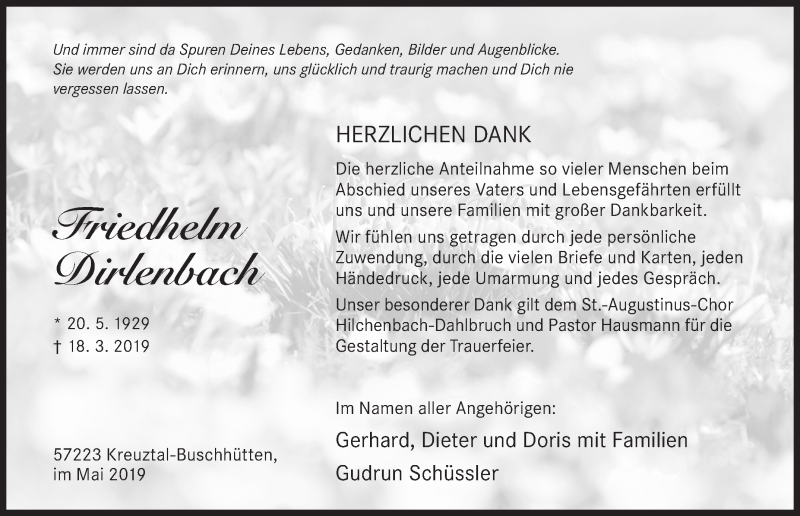  Traueranzeige für Friedhelm Dirlenbach vom 18.05.2019 aus Siegener Zeitung