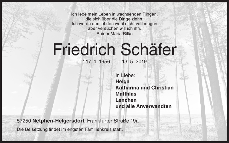 Traueranzeige für Friedrich Schäfer vom 17.05.2019 aus Siegener Zeitung
