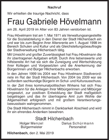 Traueranzeige von Gabriele Hövelmann von Siegener Zeitung