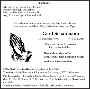 Traueranzeige von Gerd Schaumann von Siegener Zeitung